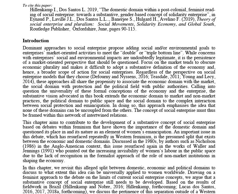 The domestic domain within a post-colonial, feminist reading of social enterprise: towards a substantive, gender-based concept of solidarity enterprise