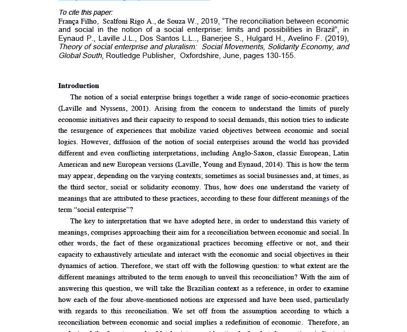 The reconciliation between economic and social in the notion of a social enterprise: limits and possibilities in Brazil