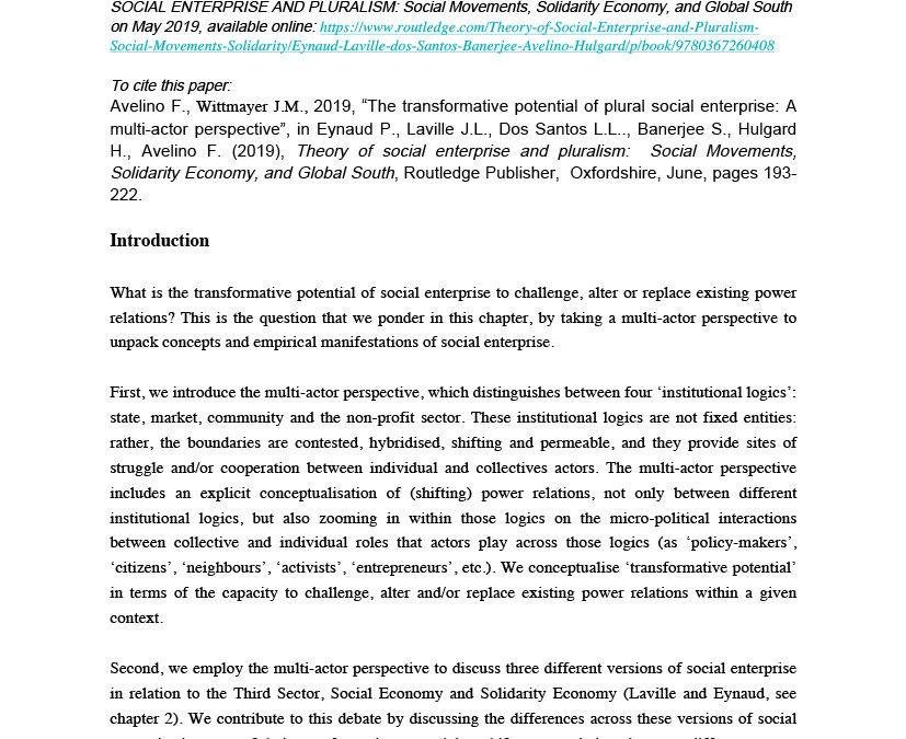 The transformative potential of plural social enterprise: A multi-actor perspective